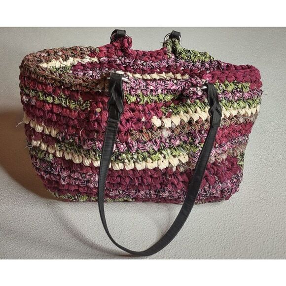 Handbags - Handmade Burgundy Multi-color Knotted Fabric Tote with Nylon Straps